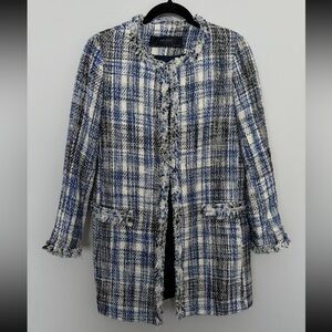 Zara Blue White Gray Plaid Tweed Fringe Open-Front Jacket size M